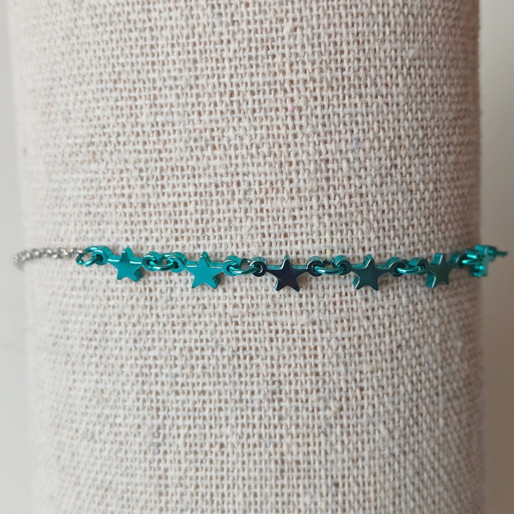 Teal‎ Metallic Star Charm Bracelet Silver Tone Chain Adjustable Celestial Y2K
